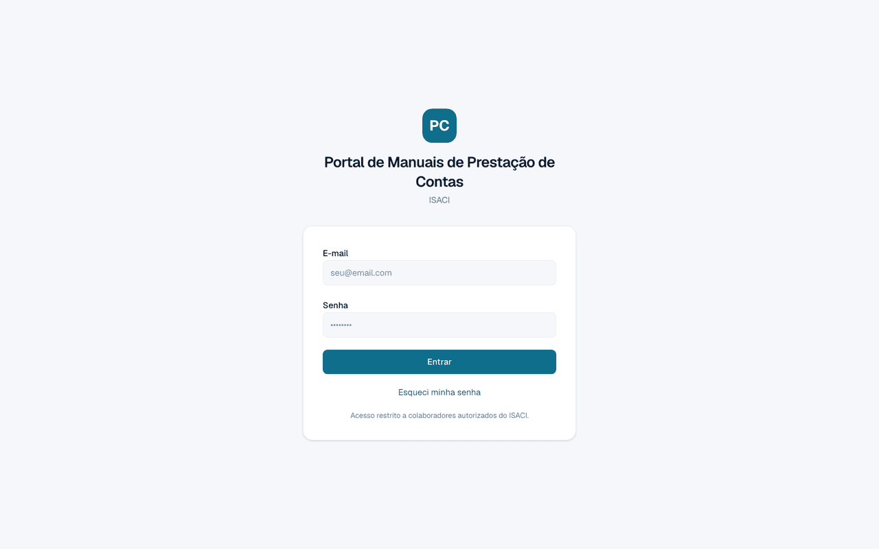 Tela inicial de Portal de Prestação de Contas